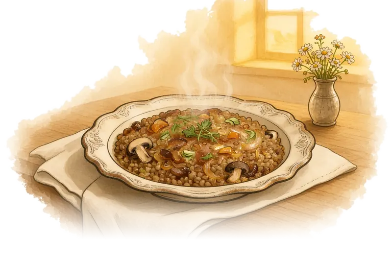 Постная гречка с грибами и луком на тарелке