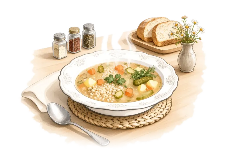 Постный рассольник с перловкой