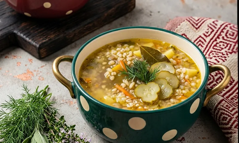Рассольник с перловкой и кружочками огурца в зелёной супнице